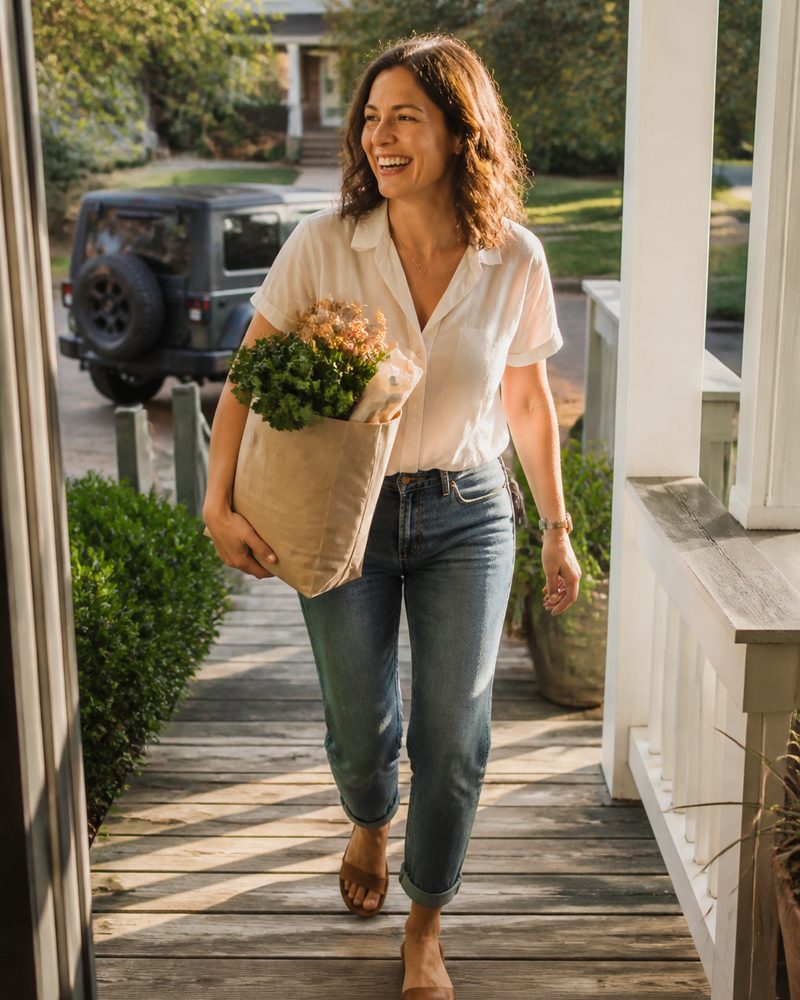 A woman carrying groceries up her porch steps in golden afternoon light