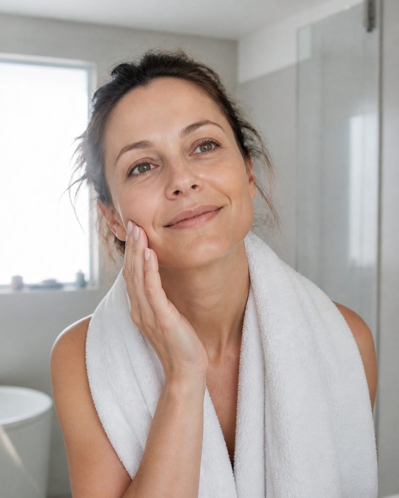 A woman with clear rested skin at her bathroom mirror