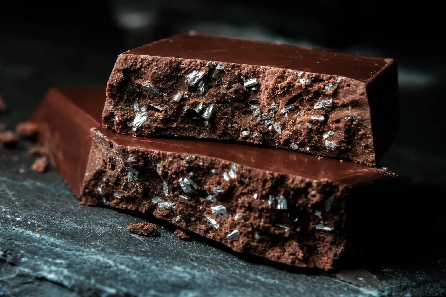 A square of dark chocolate broken open to reveal bright metallic flecks inside