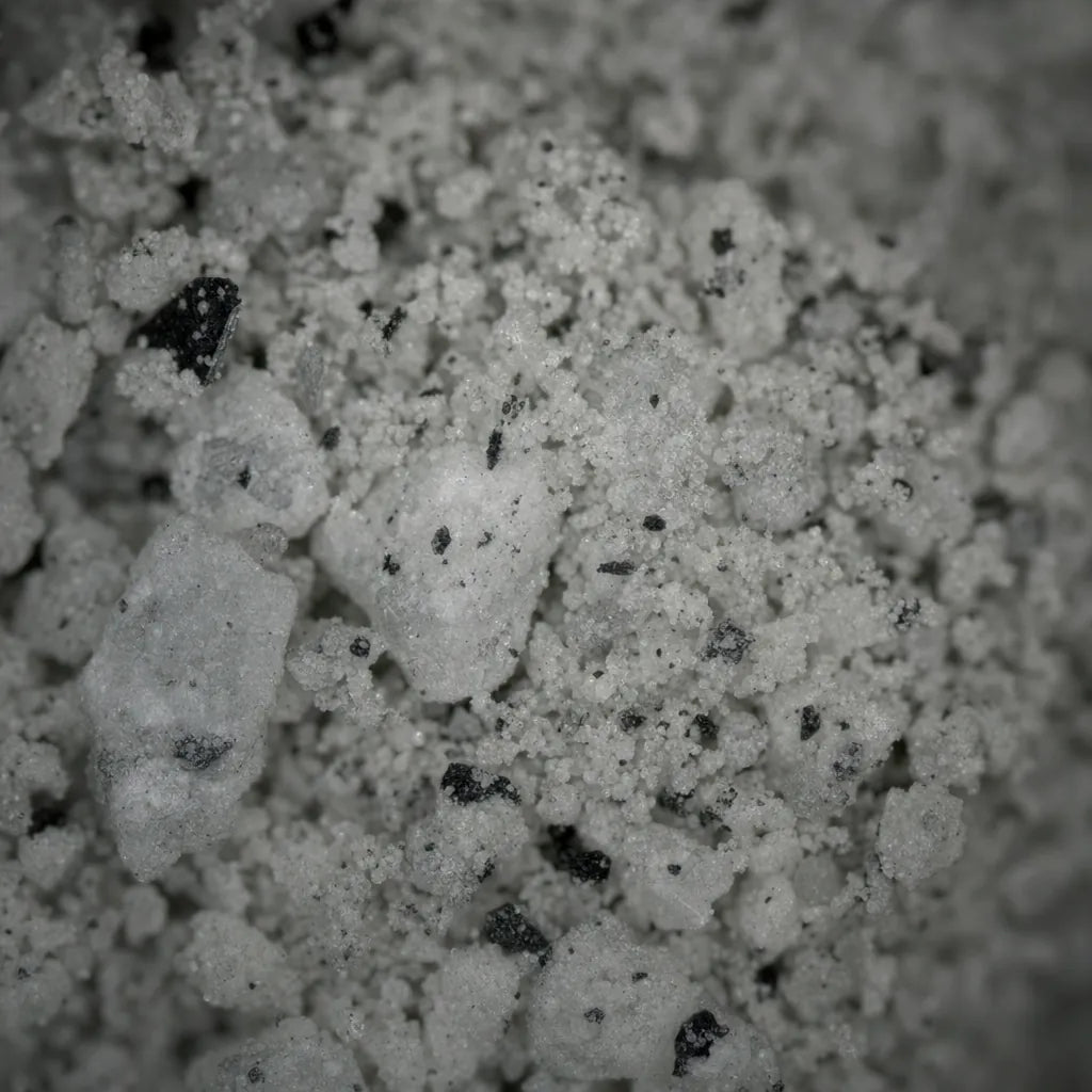 Microscopy of impure zeolite powder with dark contaminant specks visible in the mineral