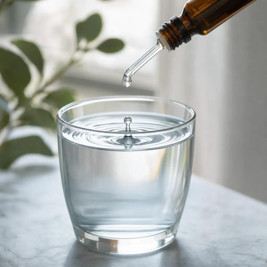 A drop falling from the dropper into a glass of water