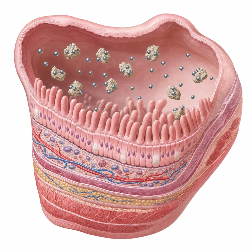 Cross-section of the gut where zeolite binds heavy-metal cations