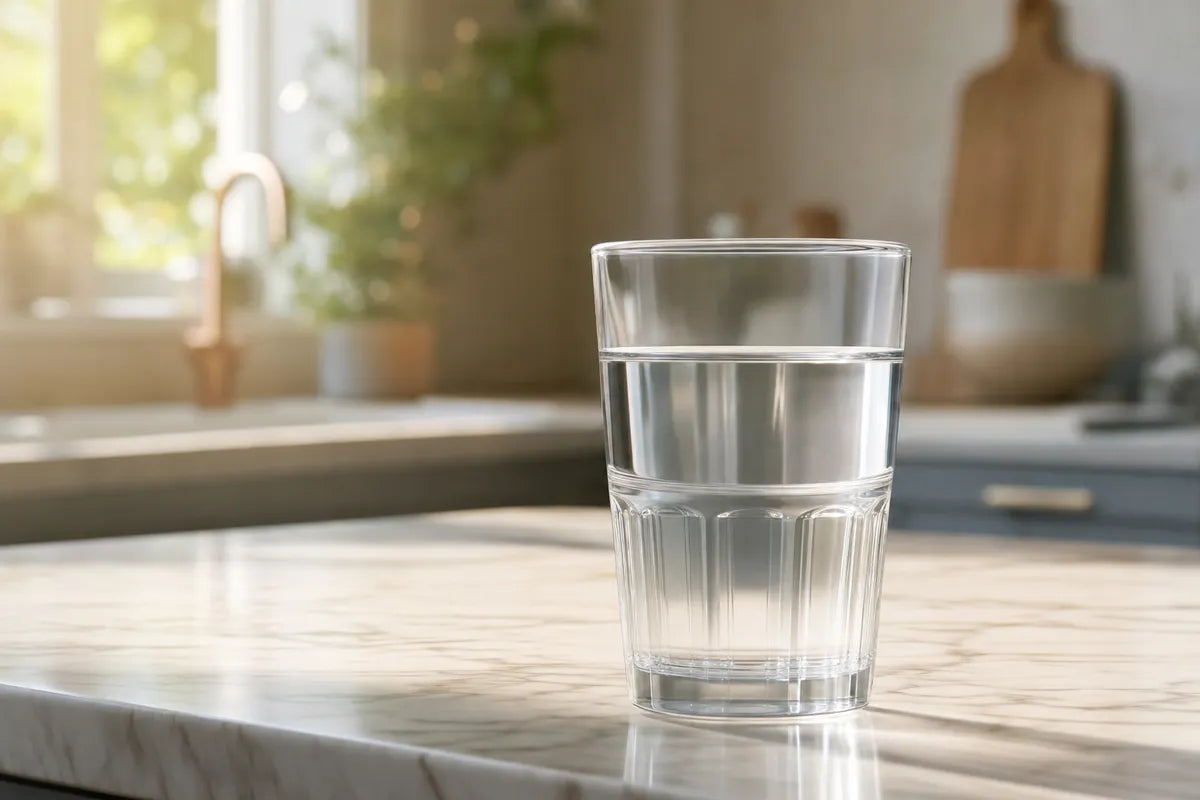A clear glass of water held up to kitchen light, looking perfectly clean