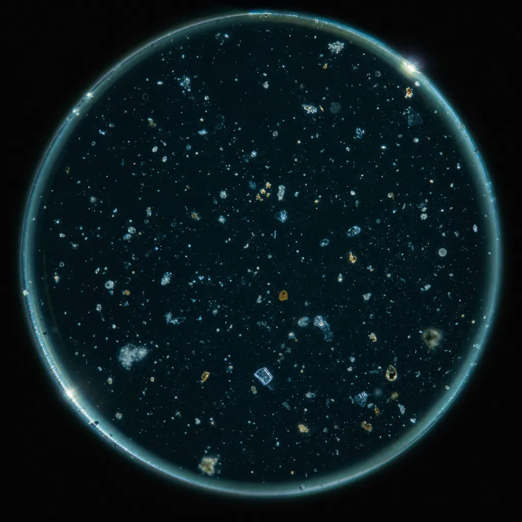 Microscopy view of clear water still carrying suspended particles invisible to the eye
