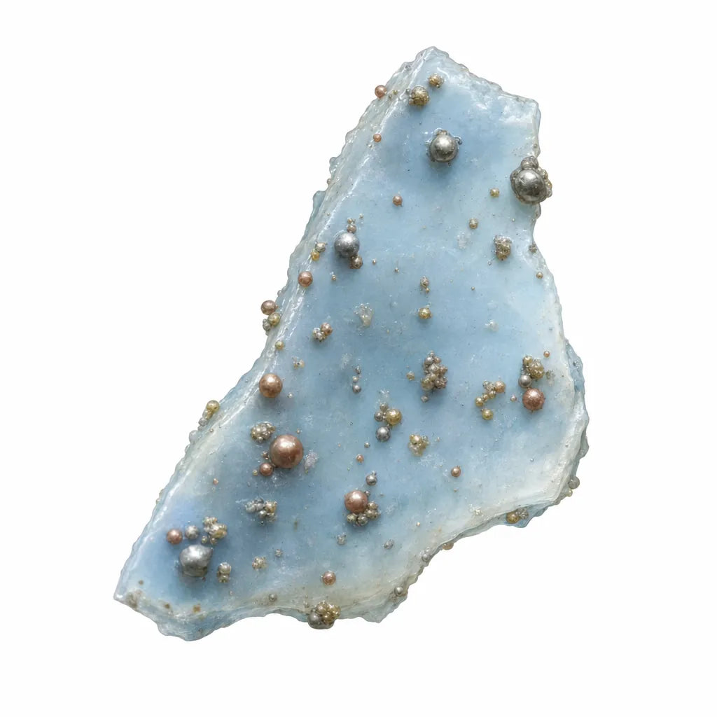 Illustration of a microplastic particle with heavy-metal ions bound to its surface