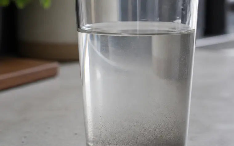 A glass of tap water with a faint haze of fine sediment near the bottom