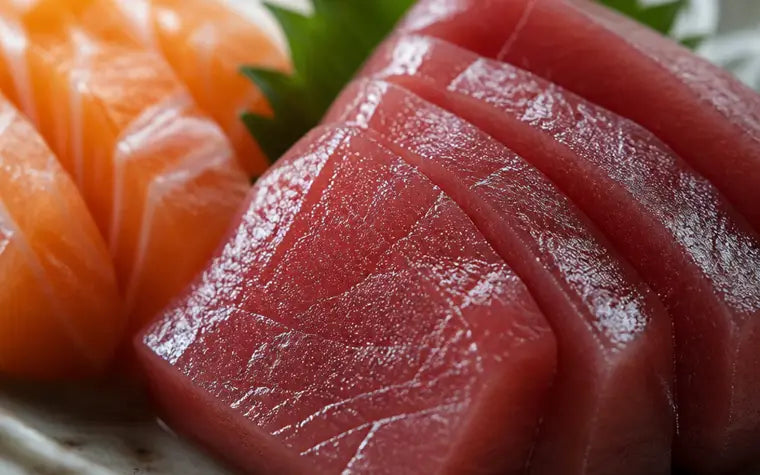 Raw tuna and salmon sashimi with a faint cool metallic sheen