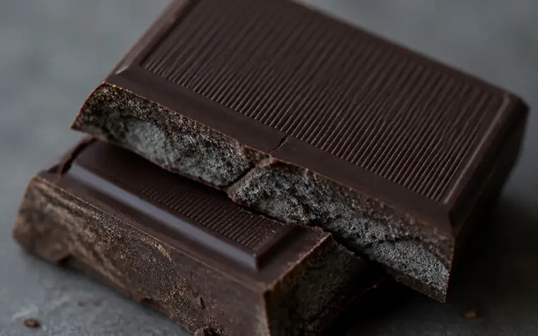 A broken square of dark chocolate with a dull gray cast in the cracks