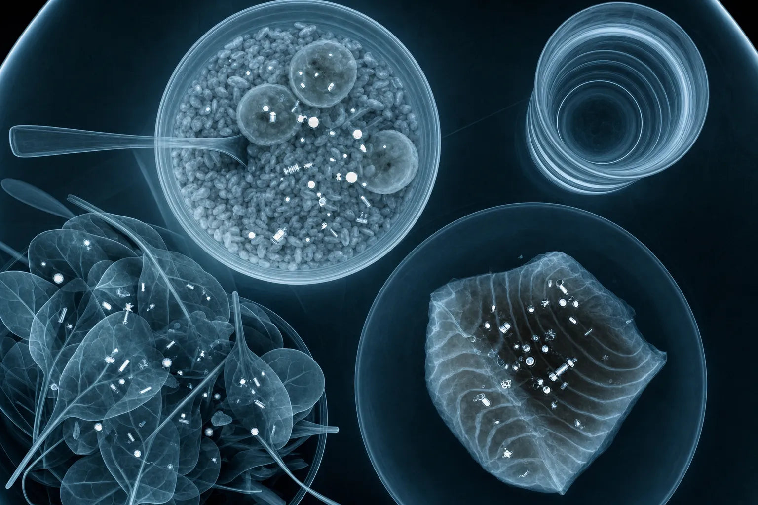 A healthy plate of food rendered as an x-ray scan with bright specks of heavy metal showing through