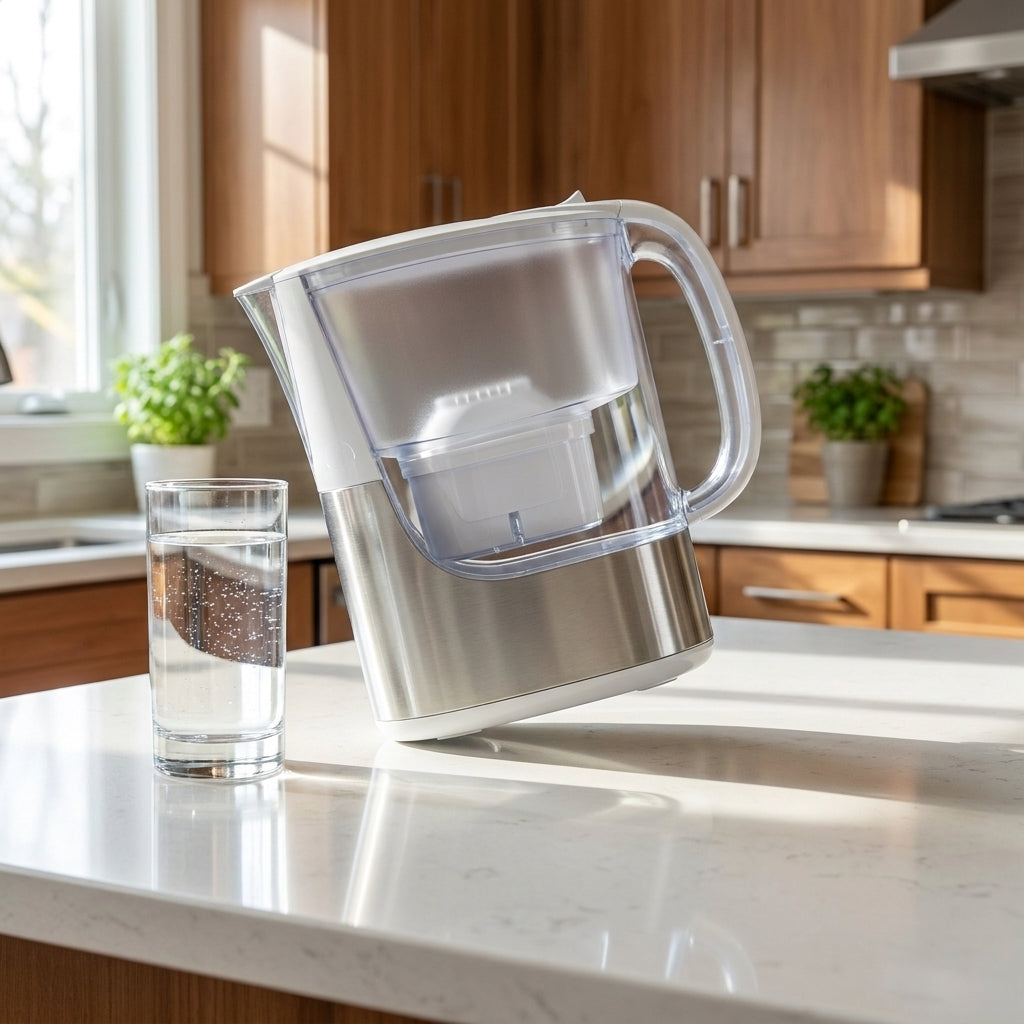 The drinking filter pitcher on a kitchen counter
