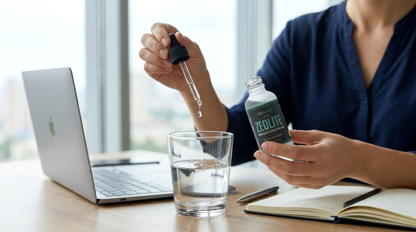 Adding the clnwater drops to a glass of water at a desk