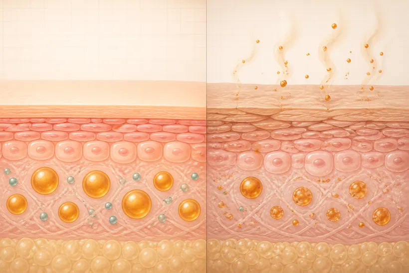 Cross-section of skin: younger skin keeps its oils stable; skin after 40 lets them oxidize into nonenal that lifts off the surface