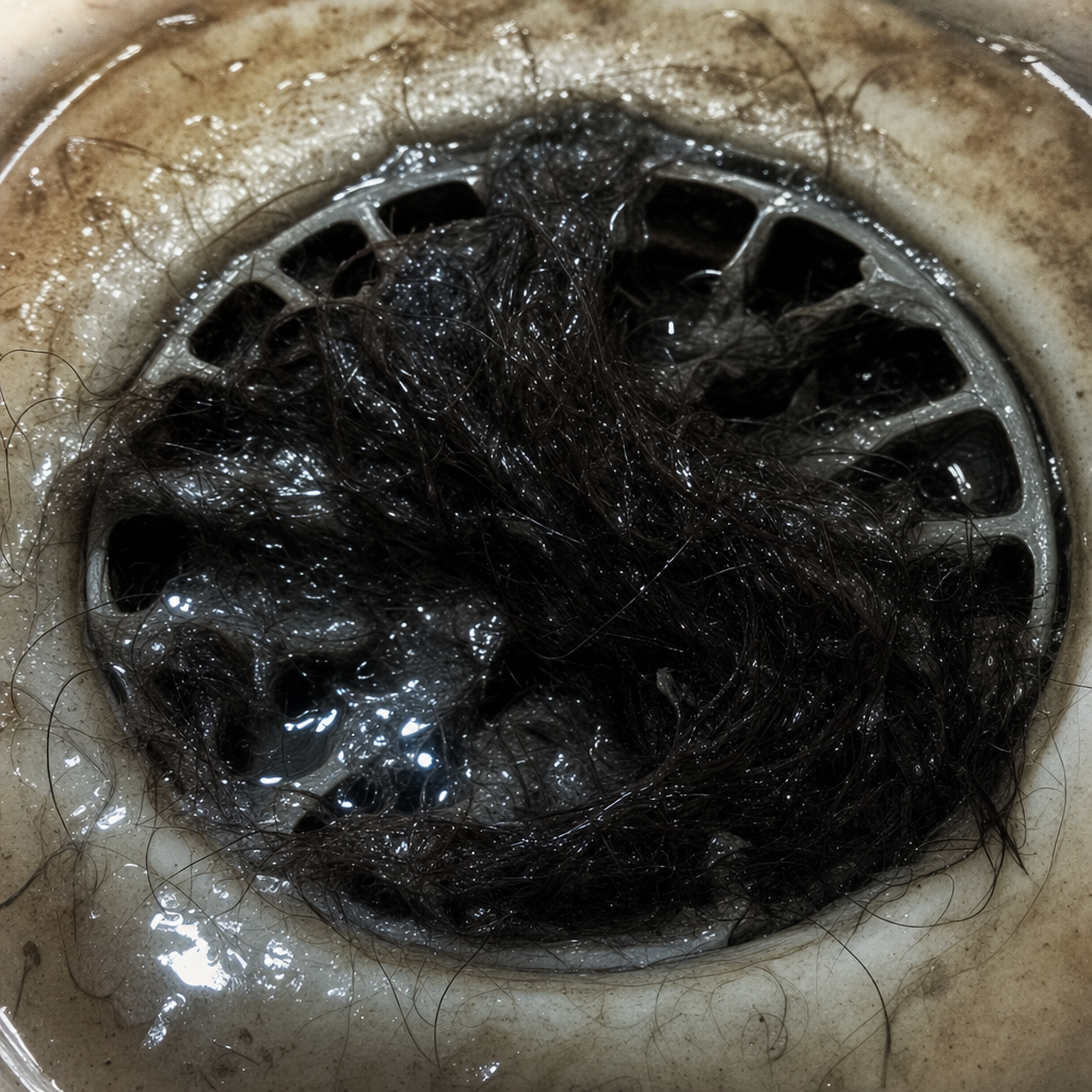 A clump of shed hair caught in a shower drain
