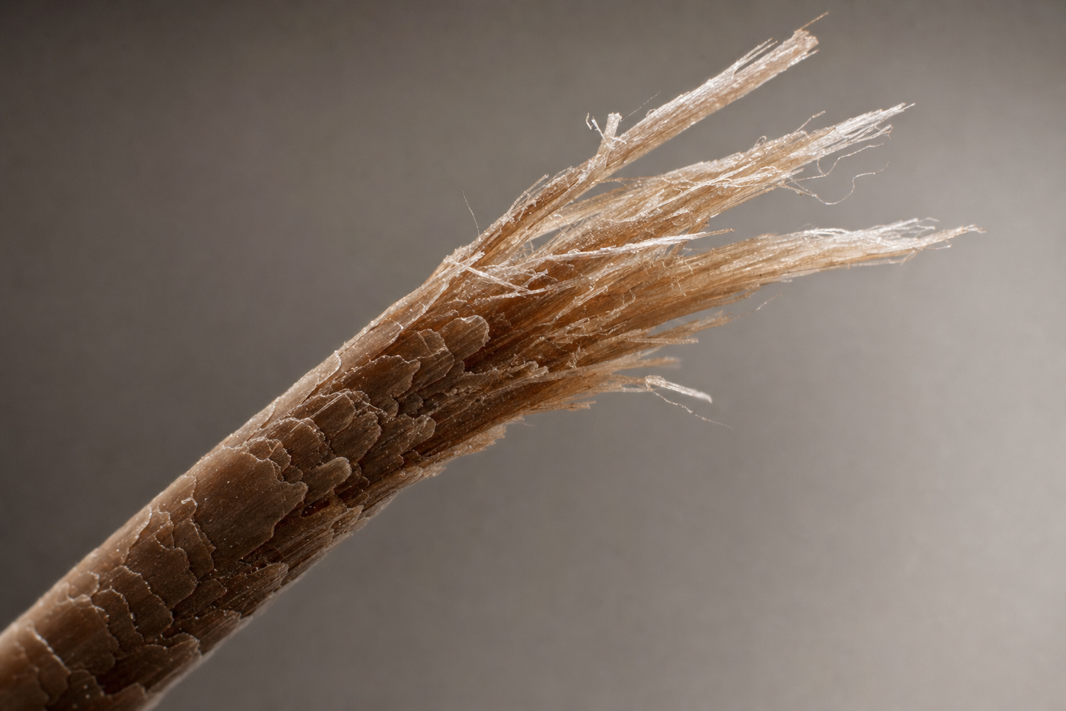 Macro of a damaged, frizzy hair strand with a raised cuticle