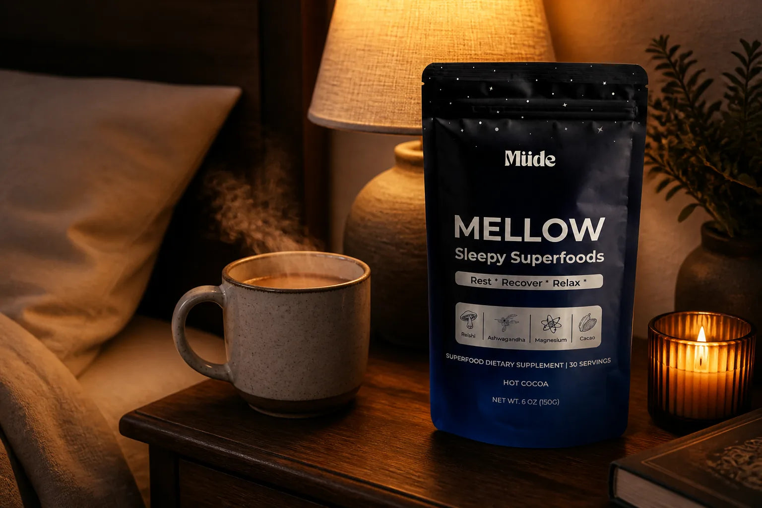 The Mellow pouch and a warm mug on a nightstand at night