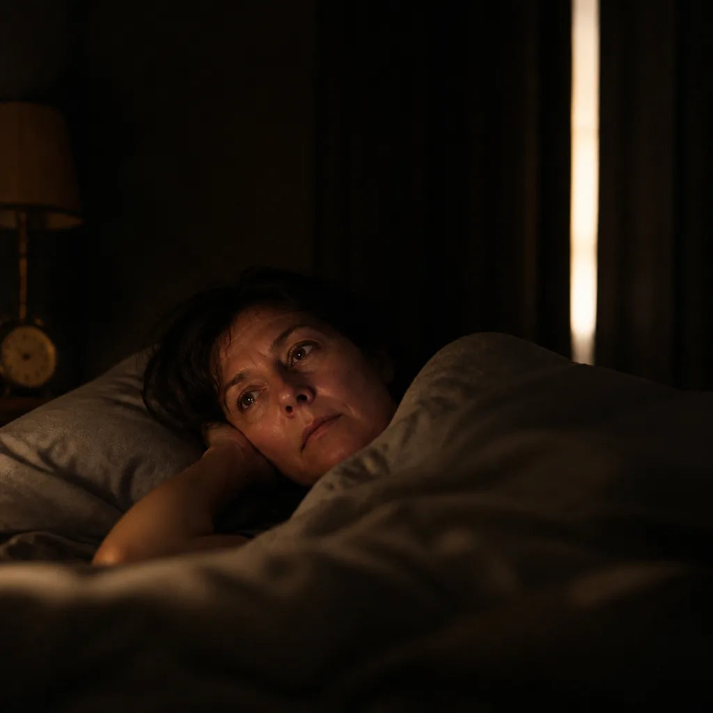 Woman, mid-50s, lying awake on her side in a dark bedroom. Bedside clock reads 3:07. Only light is the clock and a sliver from the window. F