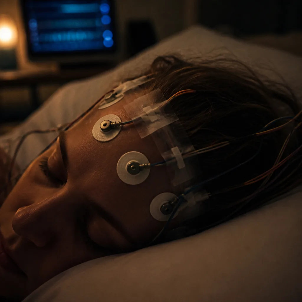 Overhead of a sleep-lab bed at night: EEG leads taped to a forehead, sensor wires running off frame, monitor glow. Documentary, cool light, 
