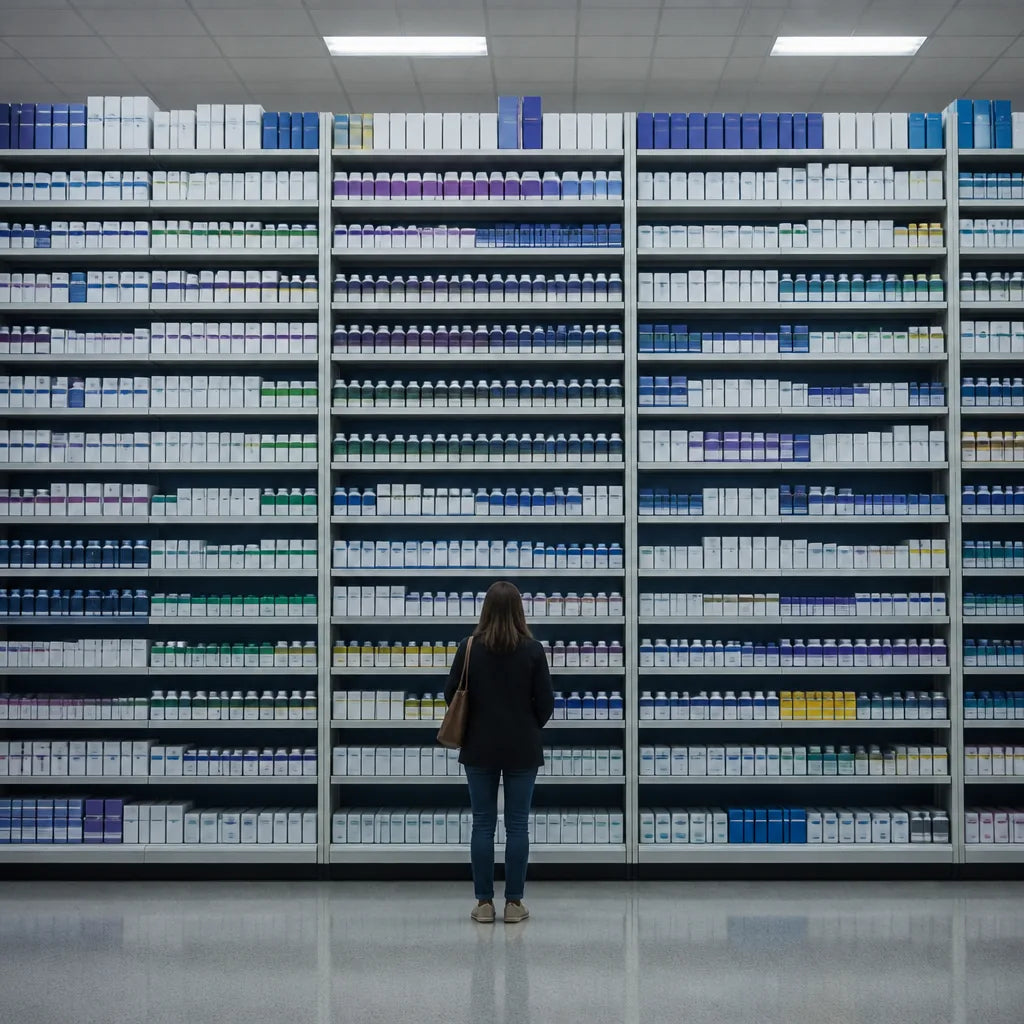 Wide shot of a pharmacy sleep aisle from a shopper's eye level, wall of boxes and bottles filling the frame, one person small in front of it
