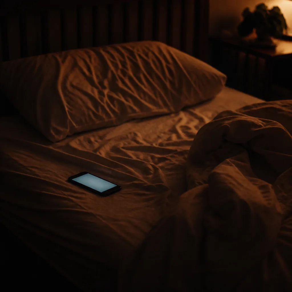 Empty side of a bed at 3am, covers thrown back, phone face-up on the sheet with the screen lit. Nobody in frame. Cold blue light, deep shado