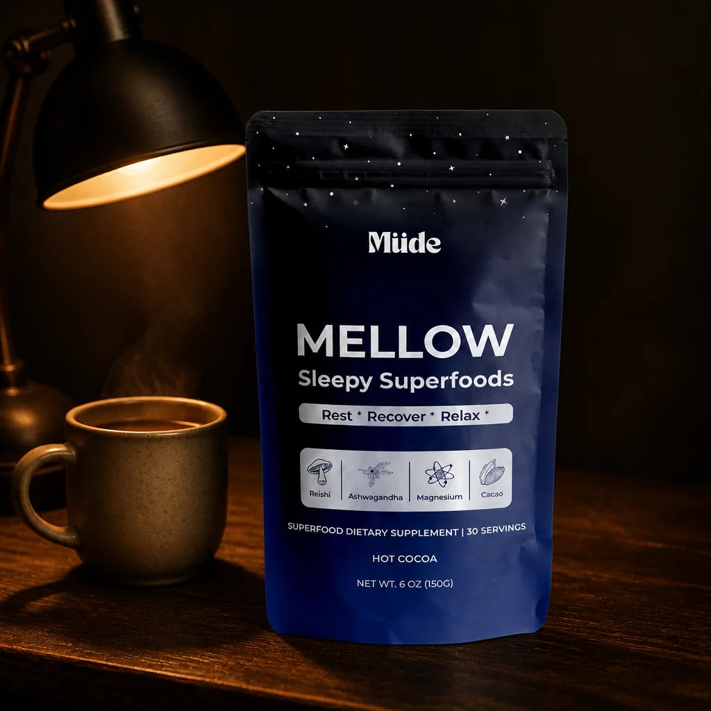 img2img on hero-mellow.png. Pouch + warm mug, dark counter, night. Keep label exact.