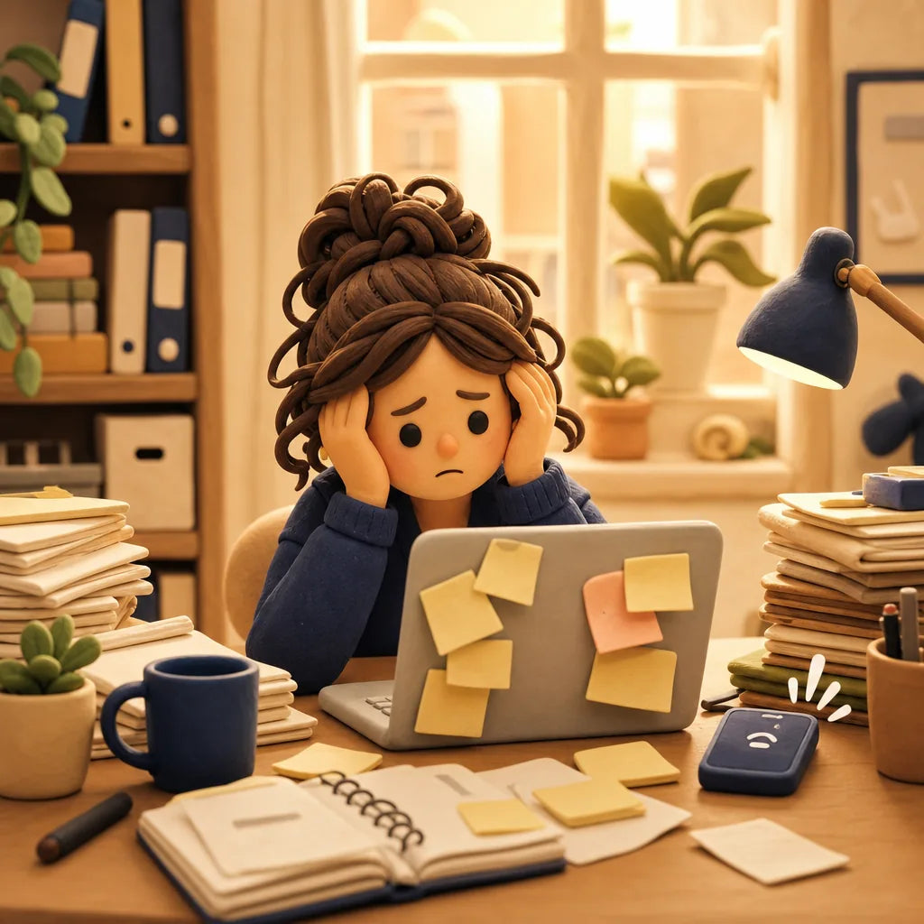 Stressed at a busy desk during the day
