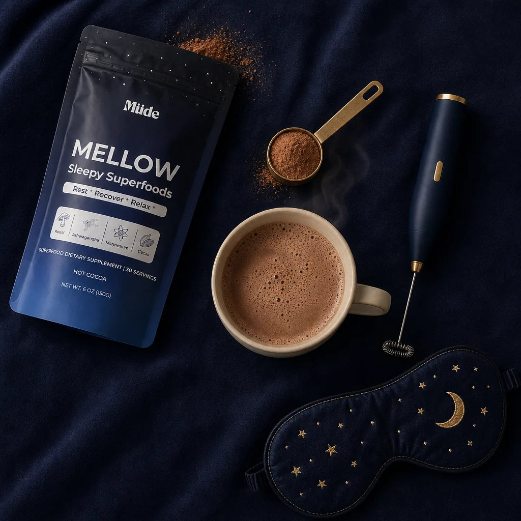 Mellow Sleepy Superfoods hot cocoa, pouch and mug