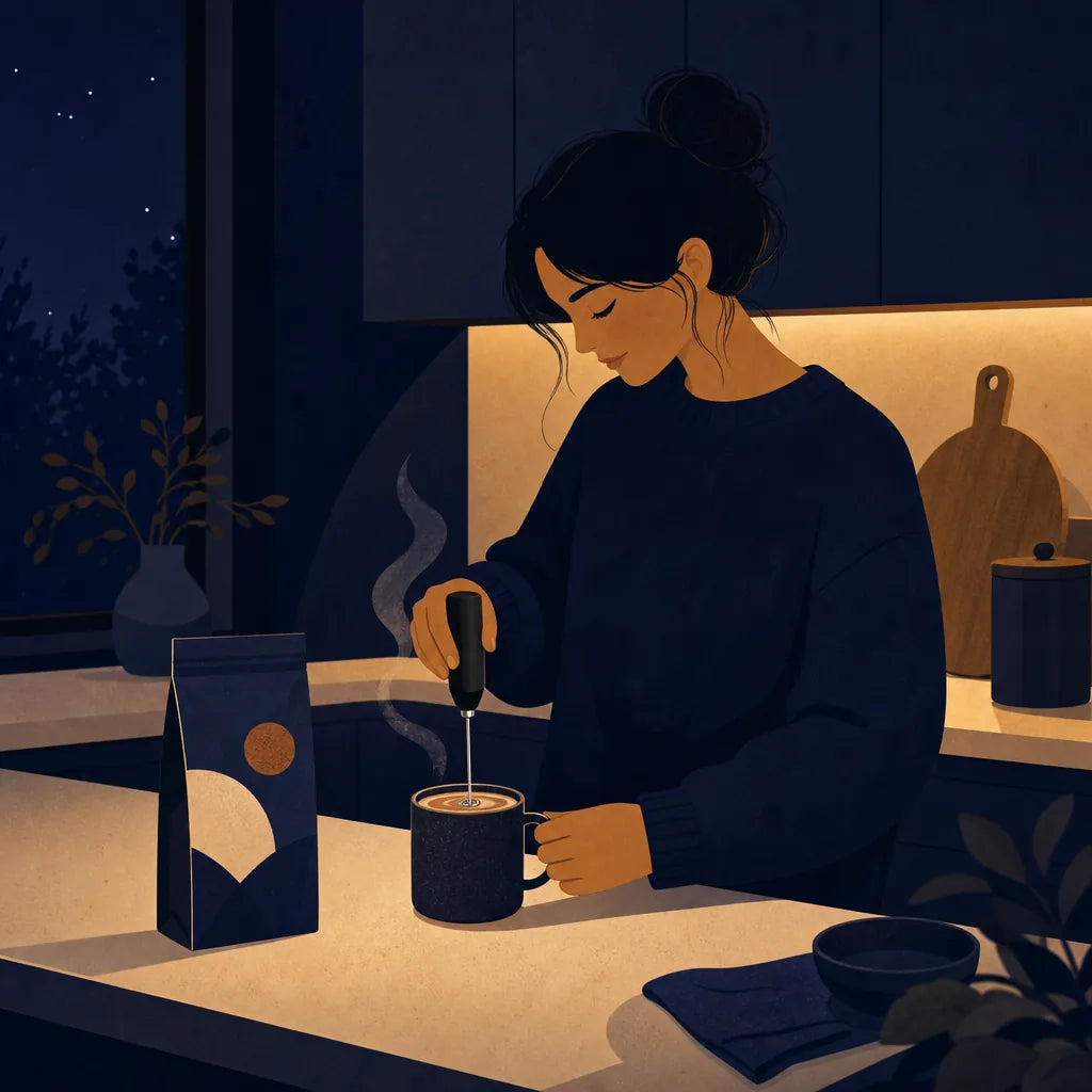 Whisking a scoop of Mellow into a mug at the counter