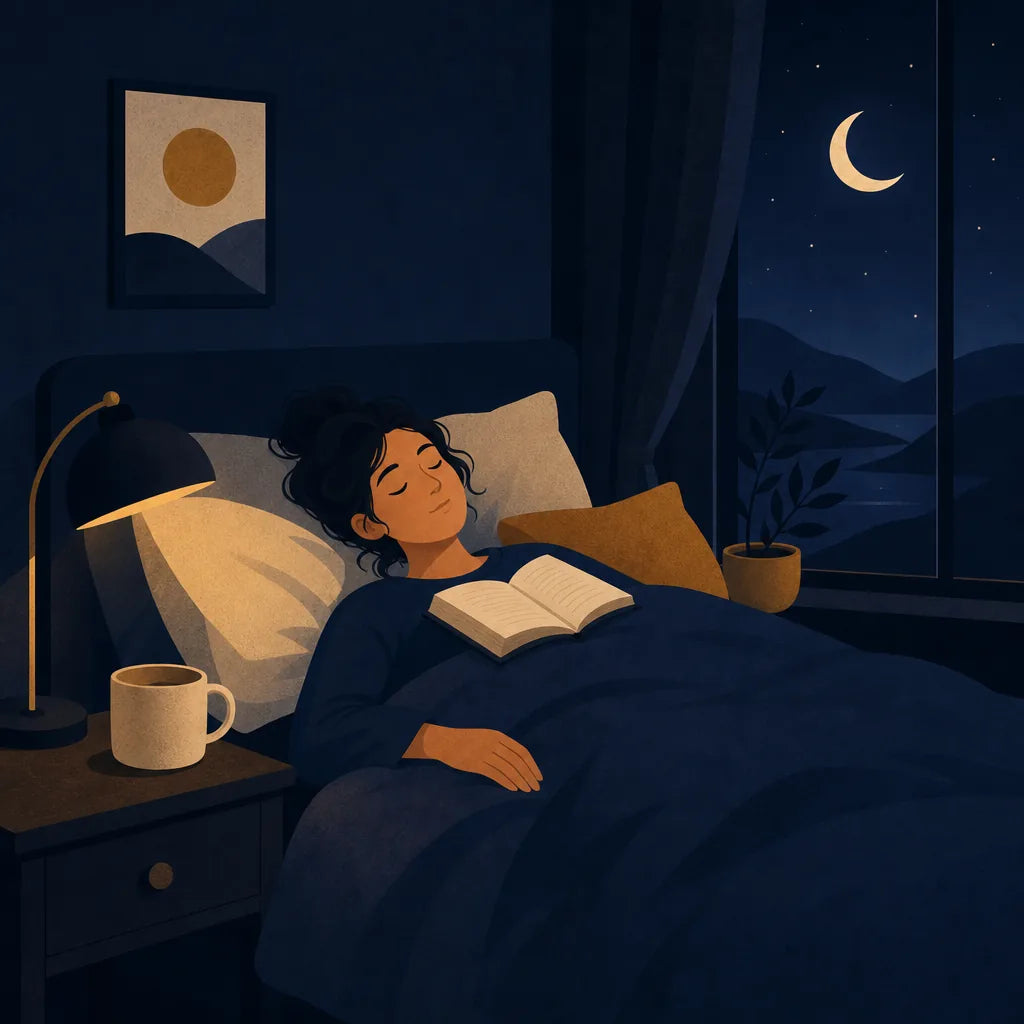 Asleep with the book still open, mug empty on the nightstand