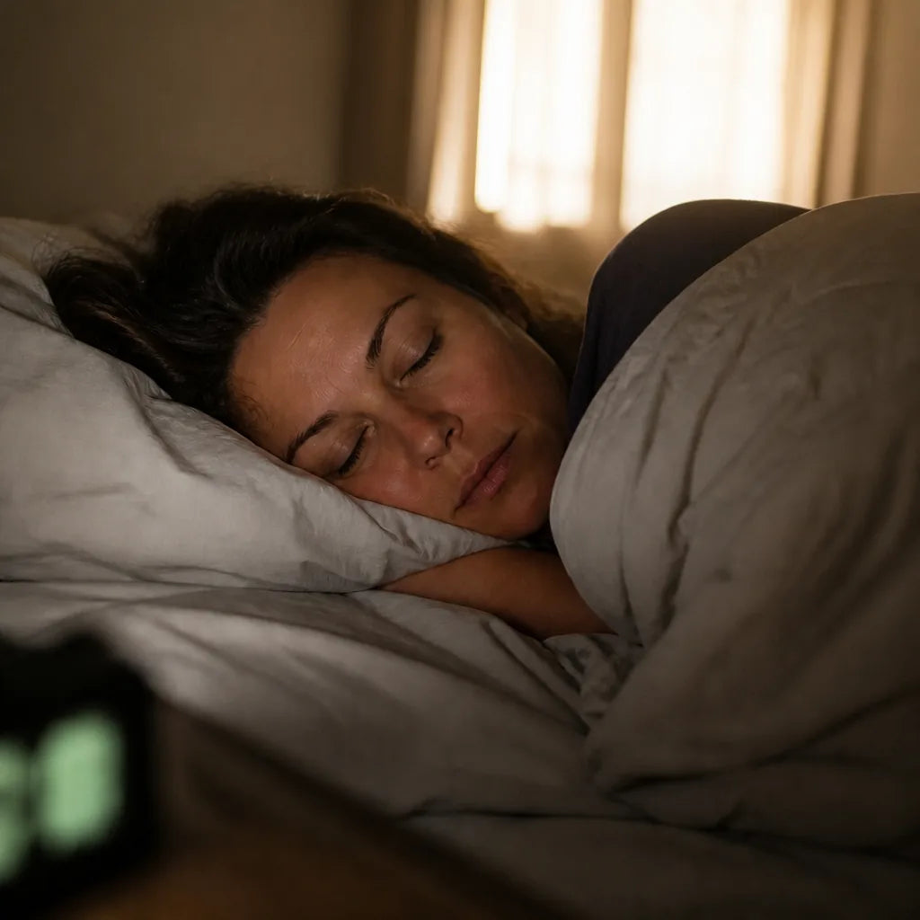 Dana asleep in the same bed at ten to seven, warm morning light behind her