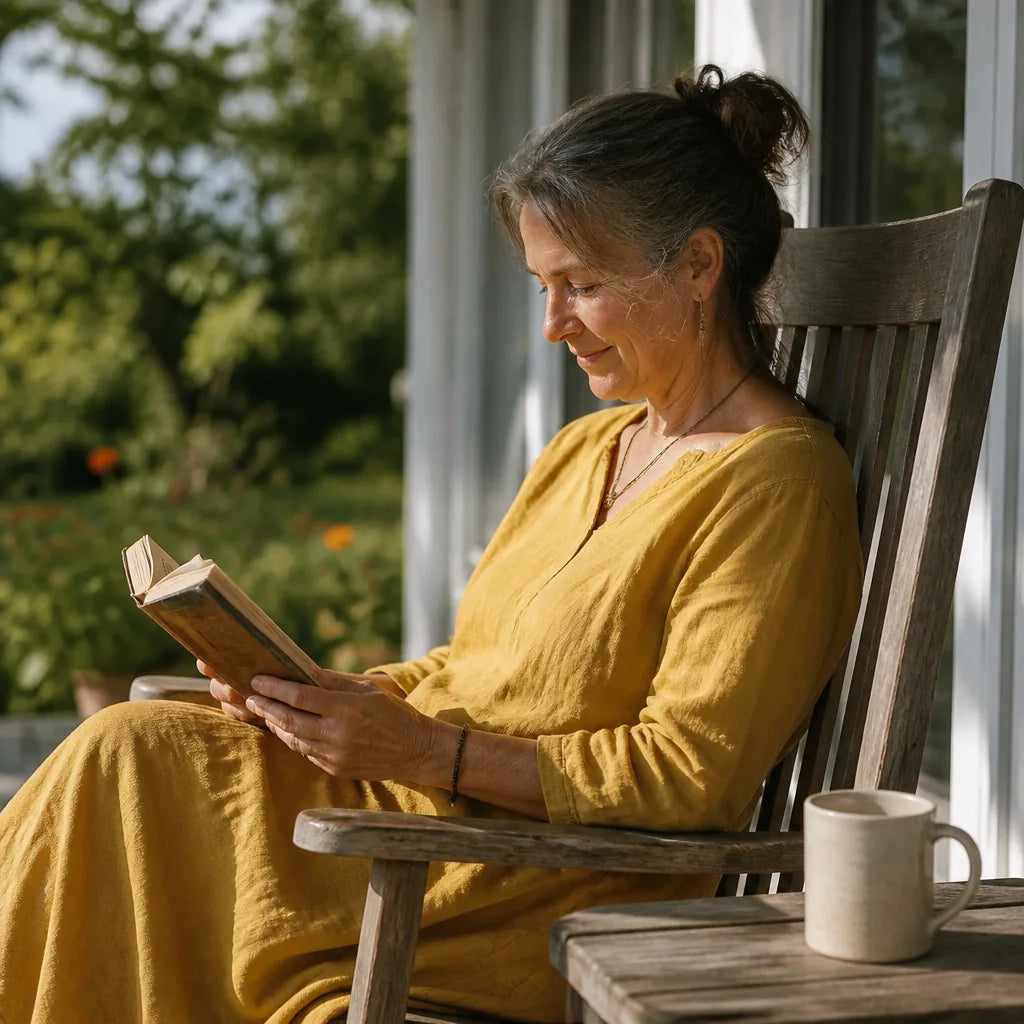 Denise reading on her porch in the morning sun