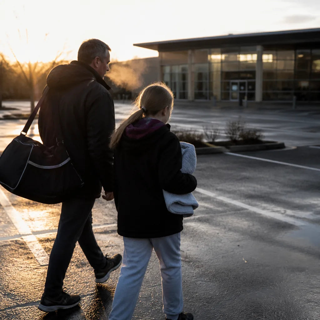 Robert walking his daughter into swim practice at twenty past six