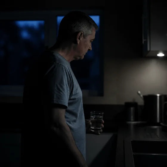 Robert alone in a dark kitchen at three in the morning