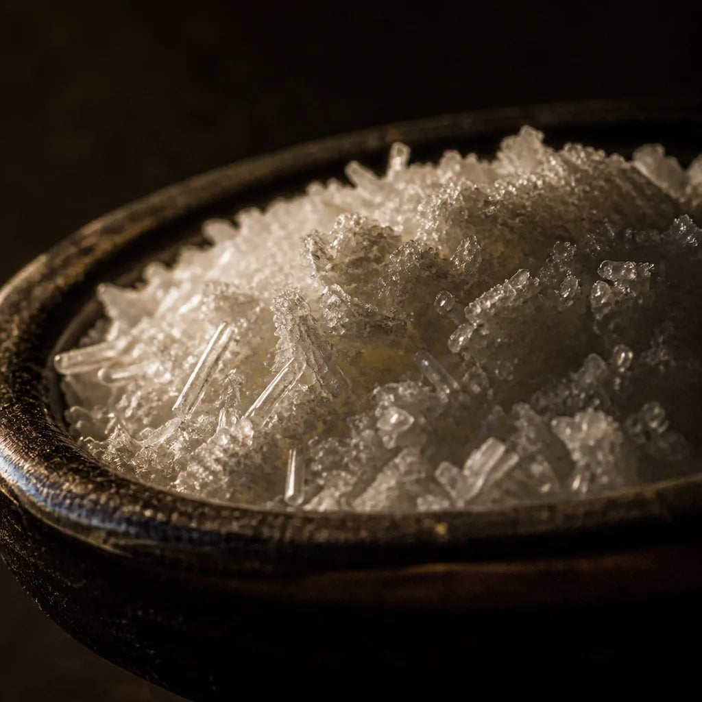 Macro photograph of white crystalline magnesium powder in a small dark dish under raking light