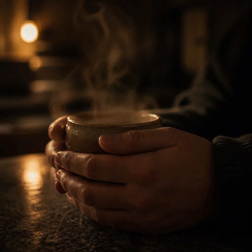 Two hands wrapped around a warm mug on a dark kitchen counter at night, steam rising