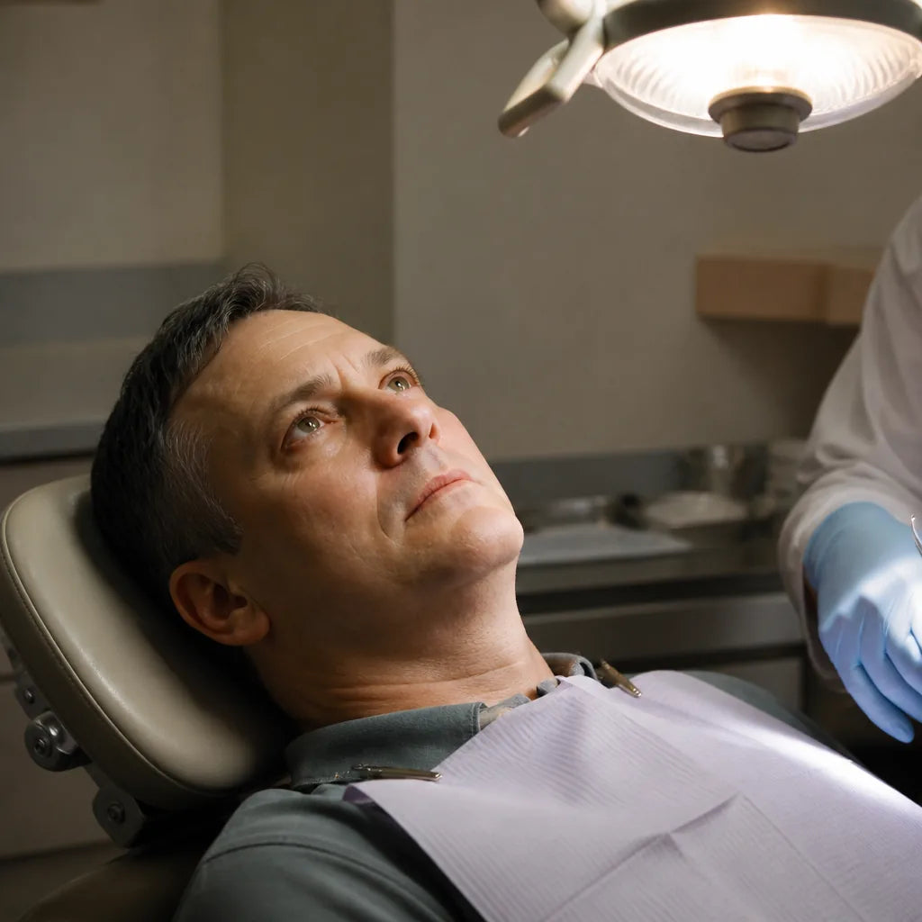 Man, mid-40s, in a dental chair, bib on, staring at the ceiling while a gloved hand works off-frame. Face resigned, jaw set. Overhead lamp g