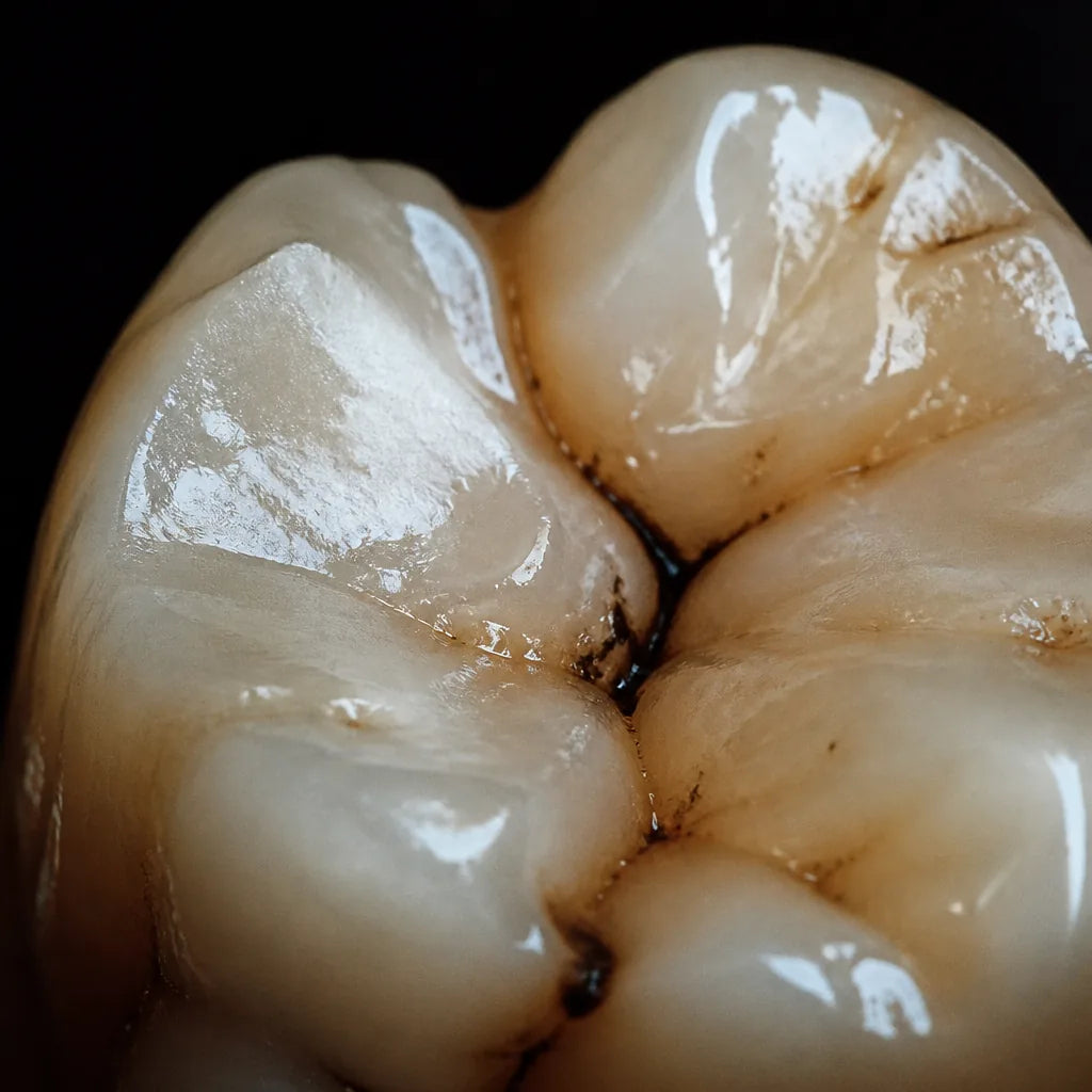 Extreme macro of a molar's chewing surface under raking light, chalky dull-white patch visible on the enamel beside a dark fissure. Sharp, u
