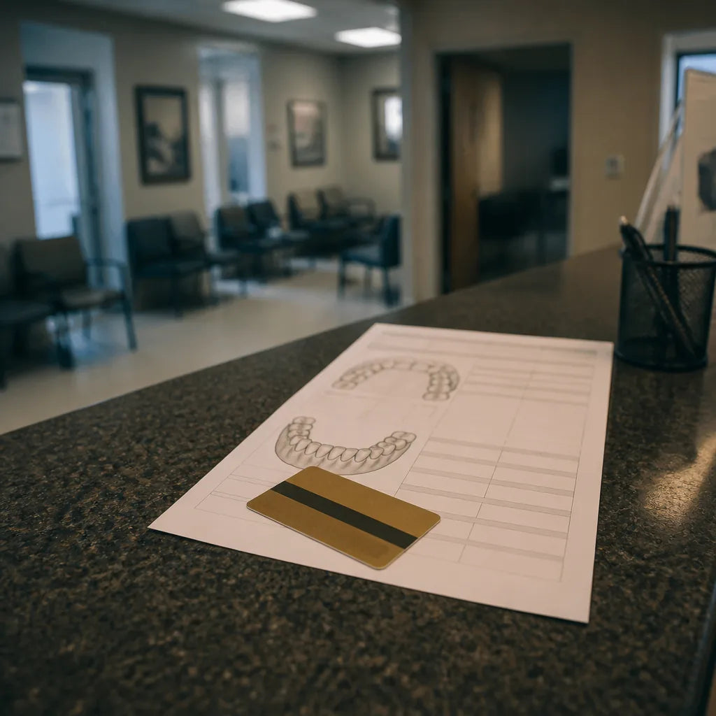 A dental treatment quote on a reception counter, credit card sitting on top of it, blurred waiting room behind. Fluorescent light, cold, mun