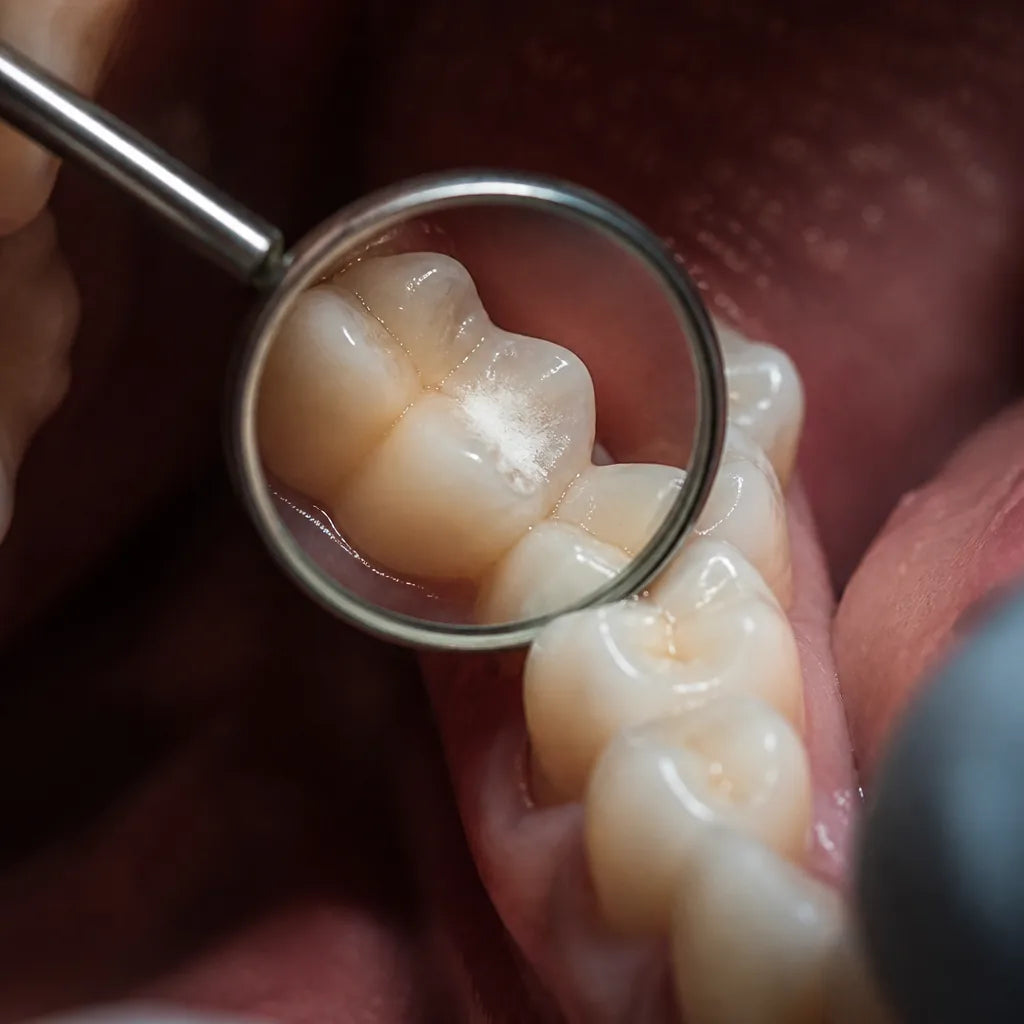 A dental mirror held against a molar, reflecting a chalky matte-white patch on the enamel, everything else glossy. Macro, hard light, clinic