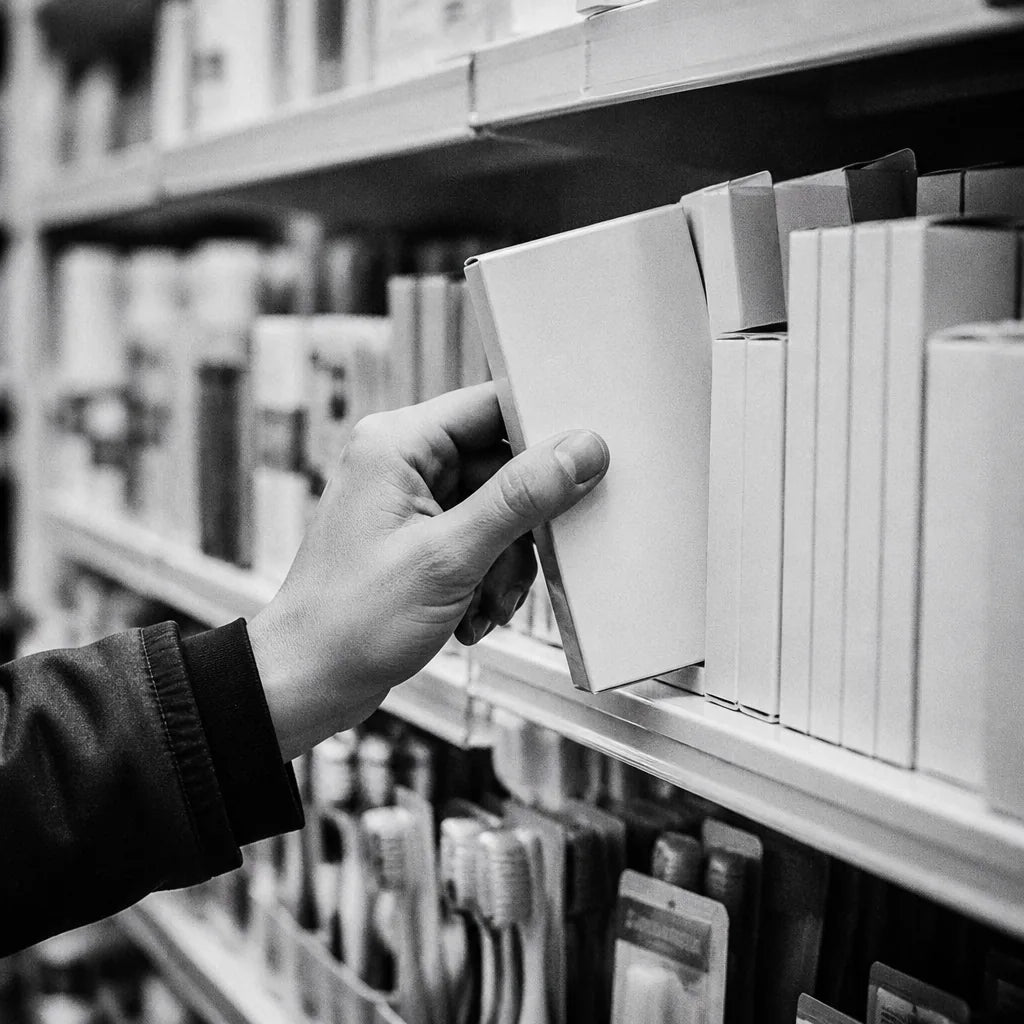 Black and white. Hand pulling a toothpaste box off a crowded pharmacy shelf, rows stretching out of focus behind. Gritty documentary, shallo
