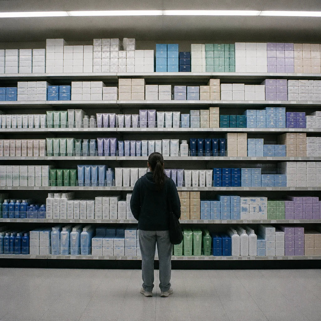 Wide eye-level shot of a full oral-care aisle, boxes stacked to the ceiling, a single shopper small in front of it. Fluorescent, overwhelmin