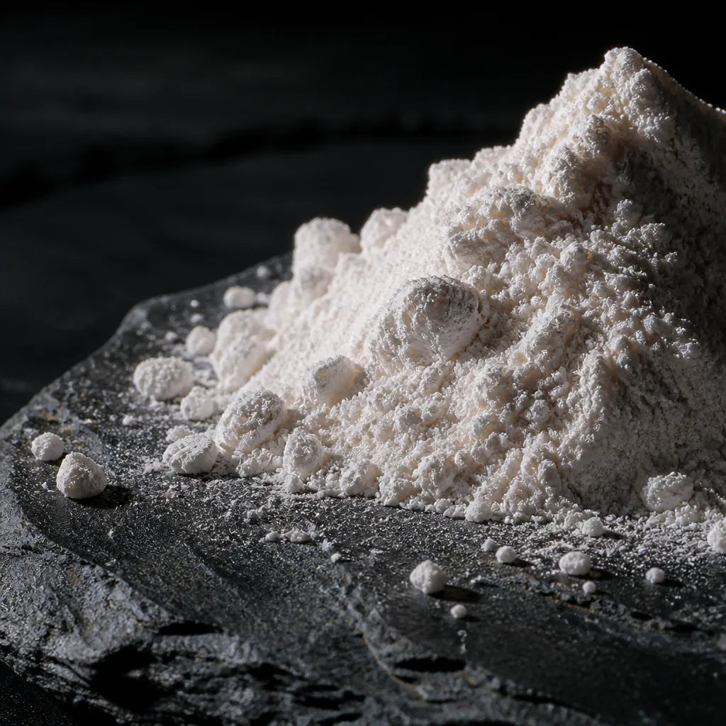 Macro of fine white hydroxyapatite powder heaped on dark slate, single raking light picking out the grain. Deep shadow, moody, scientific an