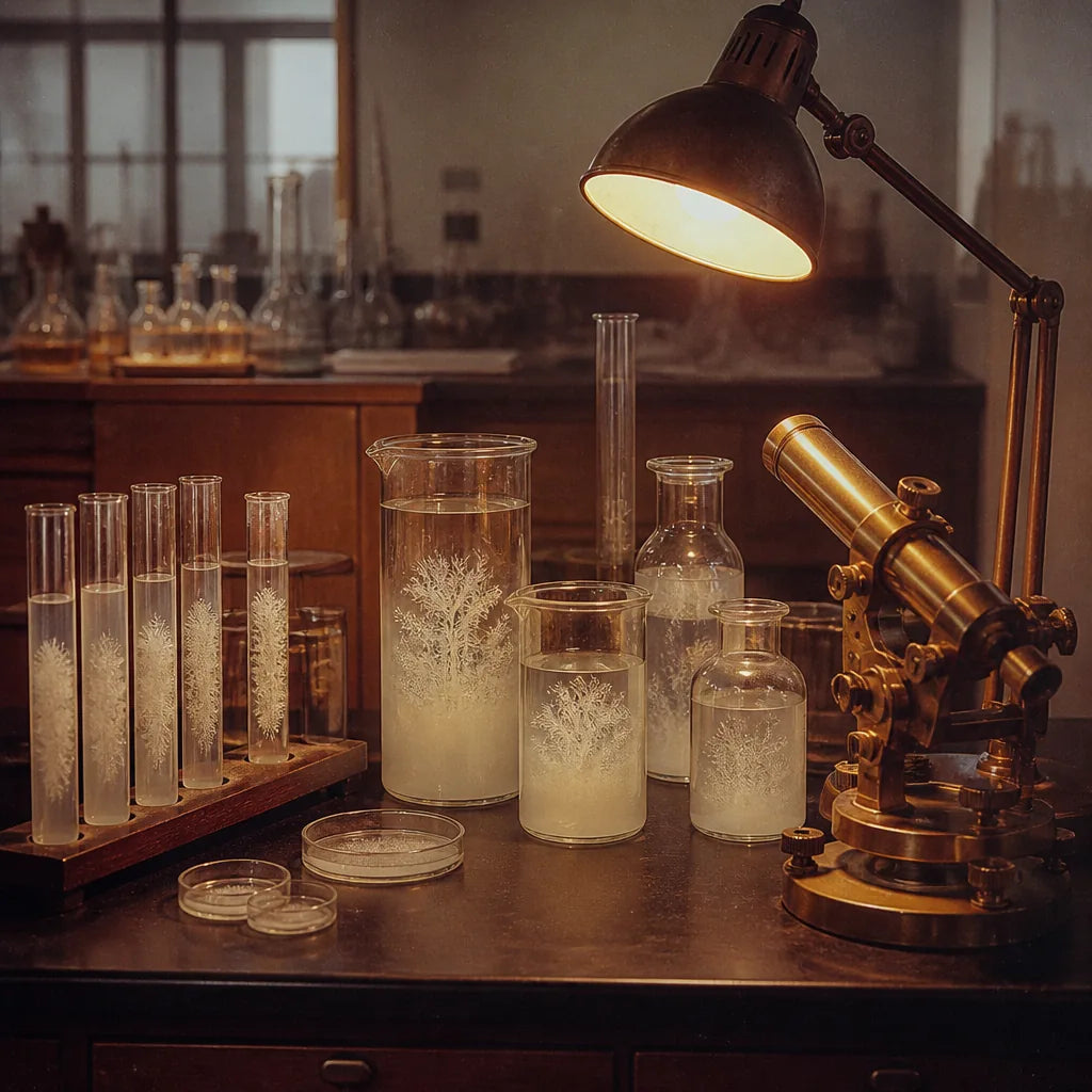 1960s-era laboratory bench: glass vessels holding silica gel with crystals forming inside, brass instrument alongside, warm tungsten light. 