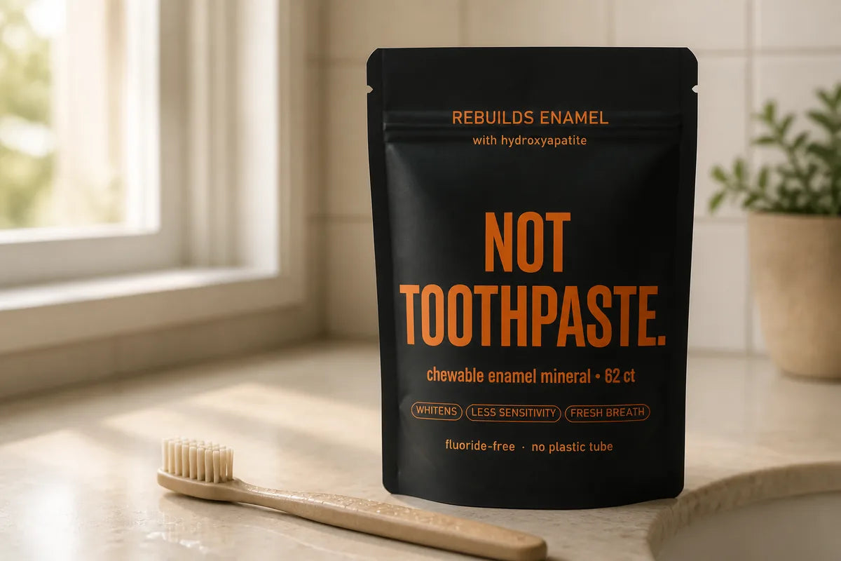 img2img from ~/Projects/clnwater-shop/nt-launch/_MASTER-CURRENT-LABEL/nt-pouch-ref_1557x2175.png. Matte black NOT TOOTHPASTE pouch standing 