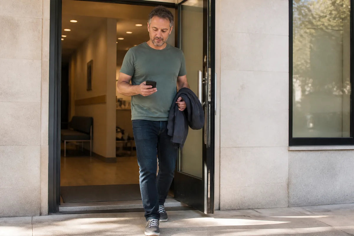 Man, mid-40s, walking out of a clinic door into daylight, checking his phone, unbothered and ordinary. Natural light, warm, unposed, filmic.