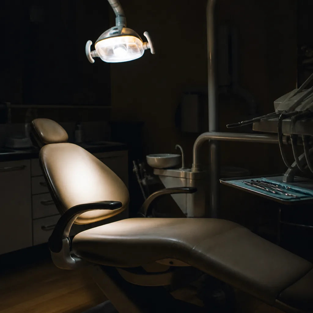 An empty dental chair under a switched-on overhead lamp in an otherwise dark surgery, tray of instruments beside it. Nobody in frame. Cold l