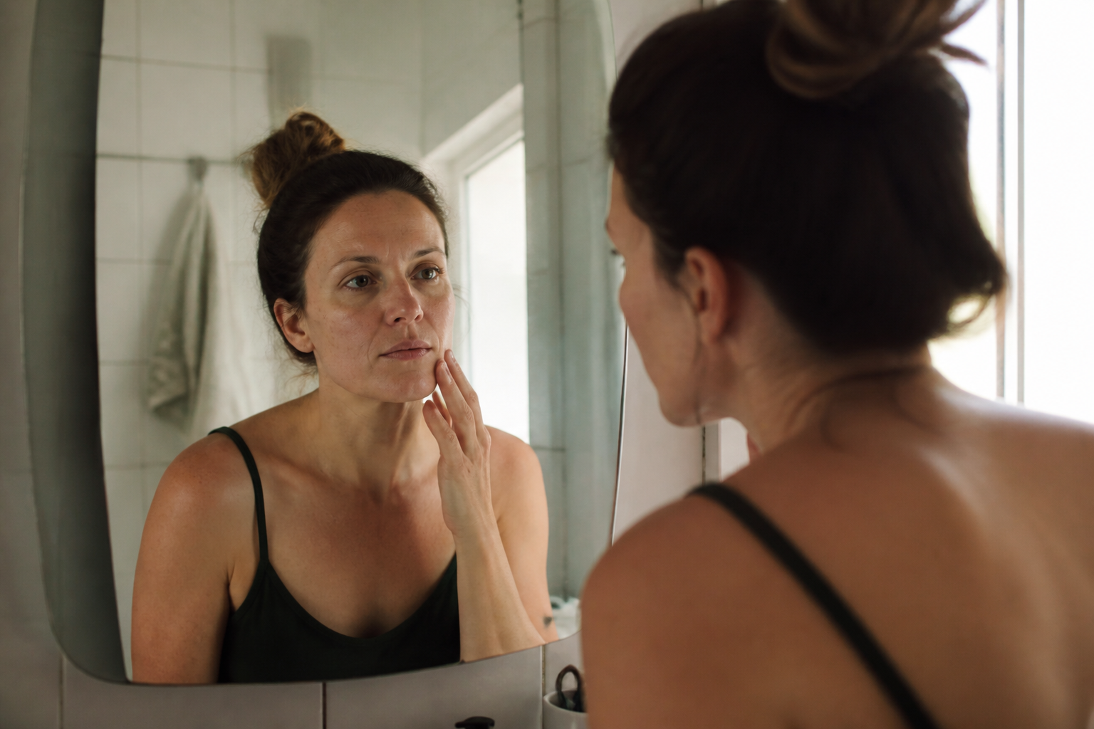 A woman leaning toward her bathroom mirror in the morning, studying her teeth