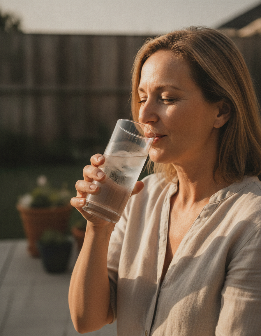 Linda drinking ice water outside