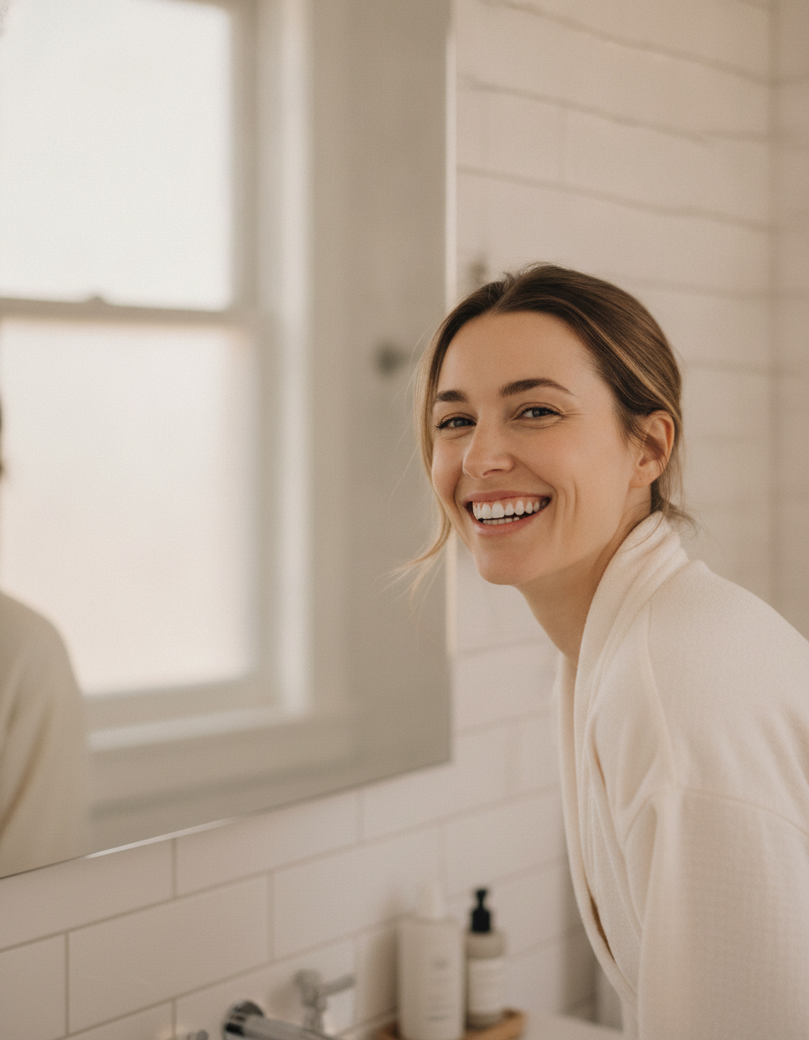 Rachel smiling in her bathroom mirror