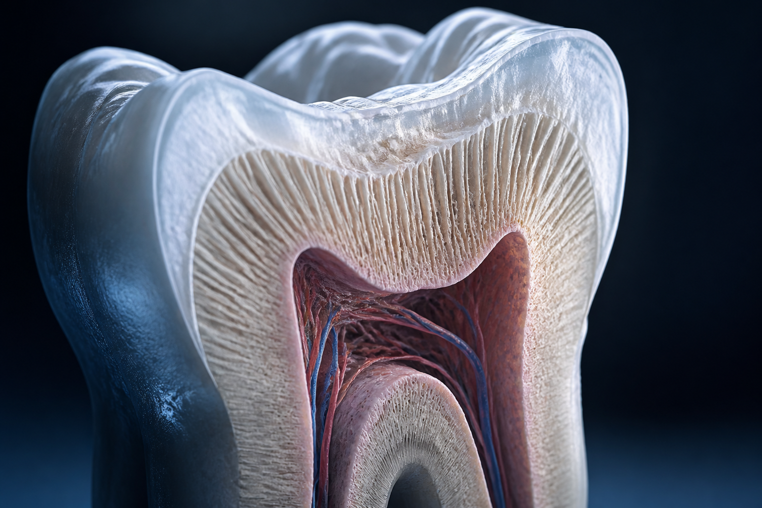 Cross-section of a tooth showing worn enamel and the nerve