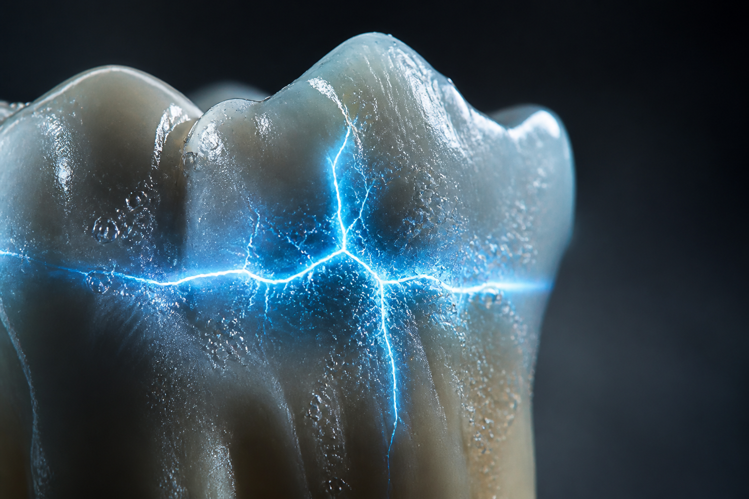 A tooth with a sharp electric-blue jolt running through it